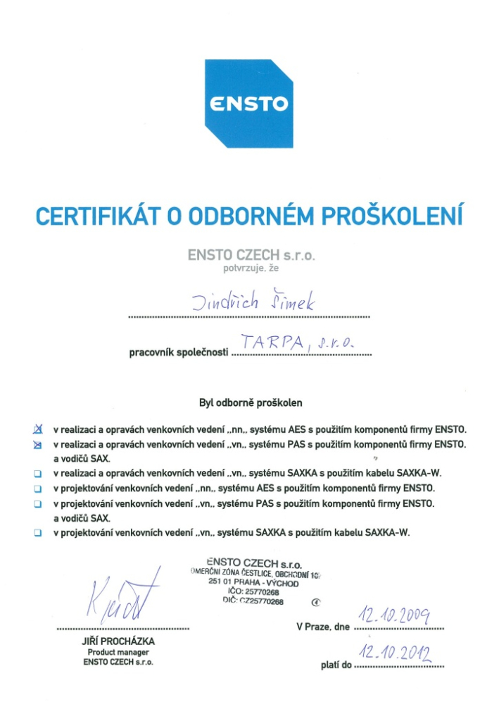 Ensto - Certifikát o odborném proškolení 2009
