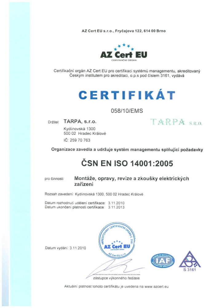 AZ Cert EU - ČSN EN ISO 14001:2005 - 2010